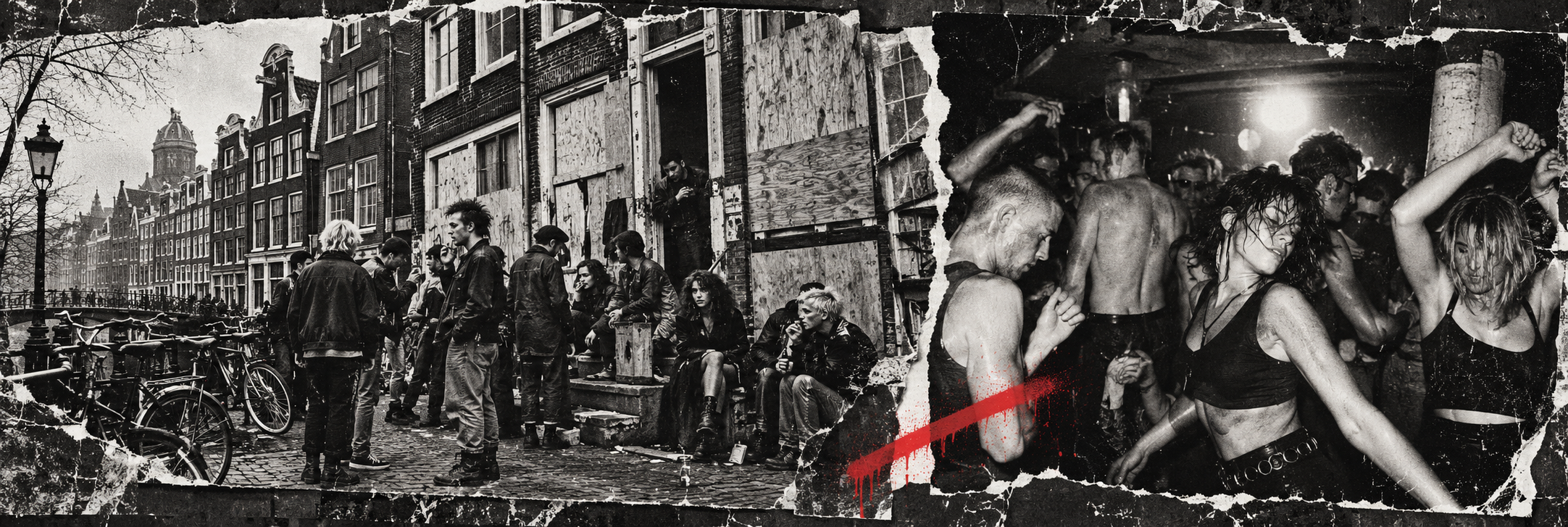 Photocopied artistic collage of Amsterdam squat culture and an early underground dancefloor