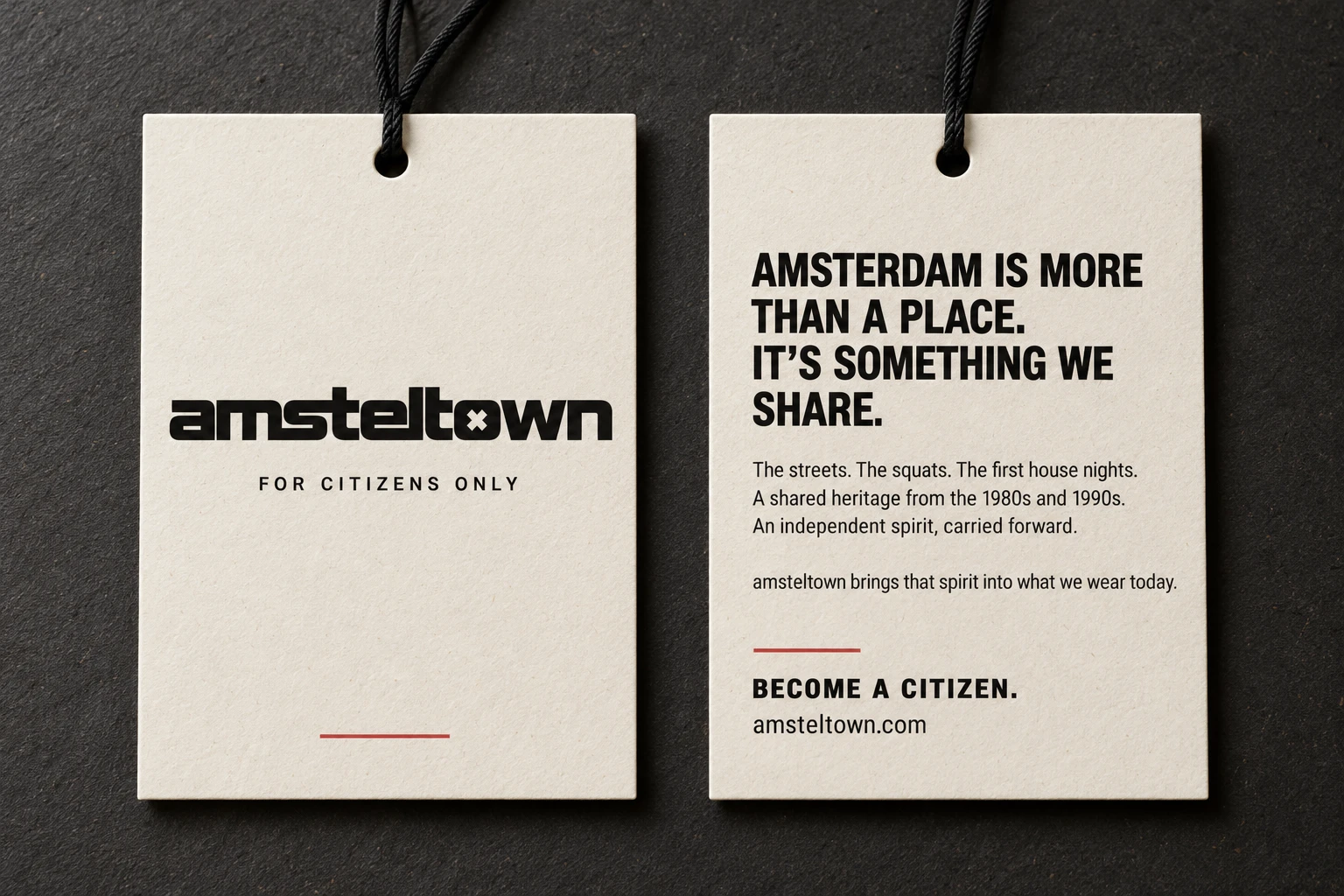 Front and back of the off-white amsteltown hangtag
